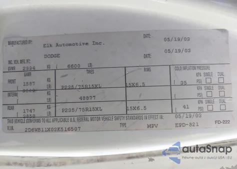 2003 Dodge Ram Van 1500 Conversion из США, поврежденный, VIN 2D6WB11X03K516507